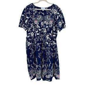Only Necessities Cotton House Dress Muumu Patio Floral Print Navy Size 3X Retro